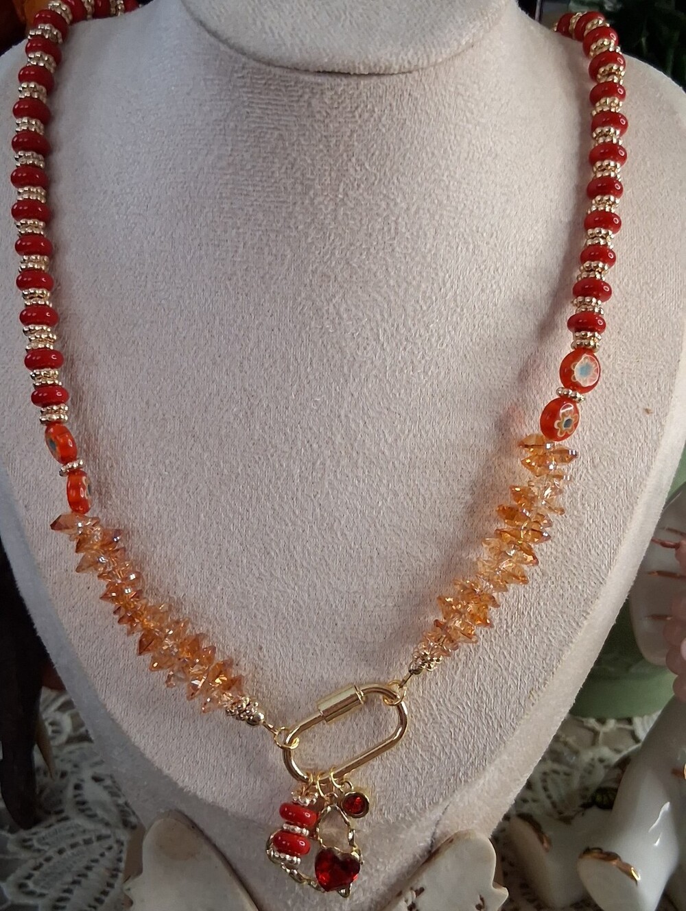 Red and Amber Bead Pendant Necklace - Designer Style